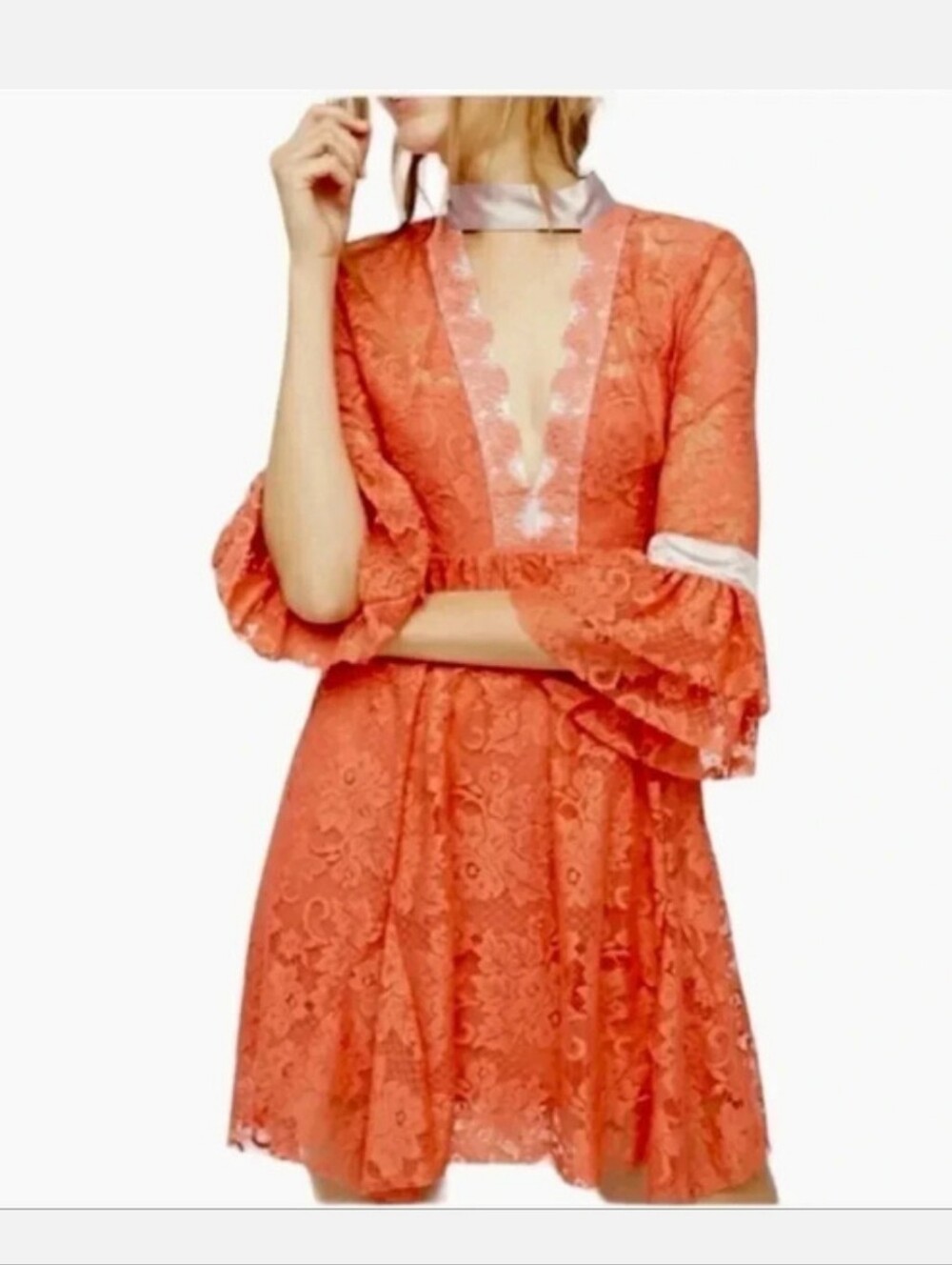 Free People Orange Guilded Lace Silver Bow Dress Sz Xs